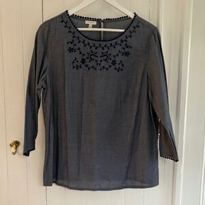 Talbots Chambray Tunic with eyelet embroidered neck and sleeves, and yoke, M